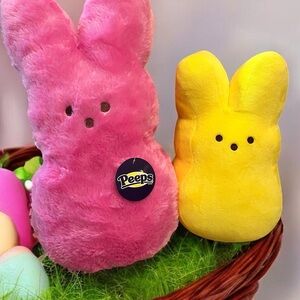 Peeps Official Plush Pink & Yellow Stuffed Bunnies (One is NWT)-See small marks.